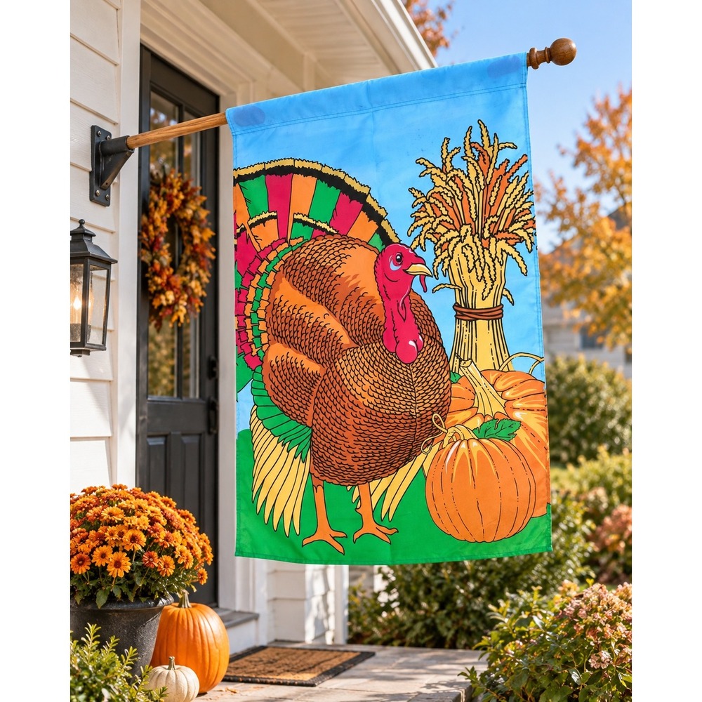 Vintage 1997 Thanksgiving Turkey House Flag Pumpkin Harvest 29x41 NCE Banner